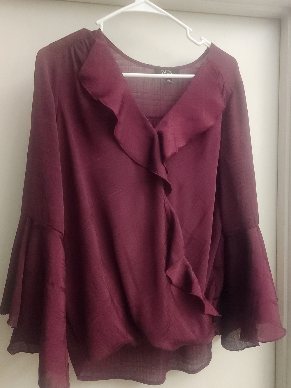 BCX Ruffled V-Neck Blouse in Burgundy